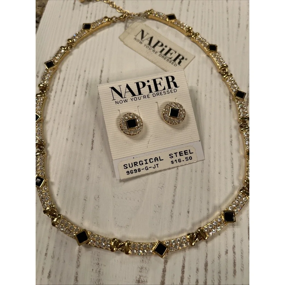 Vintage RUNWAY NAPIER 1990 NOS Black Clear Crystal Necklace & Earrings Orig Tags